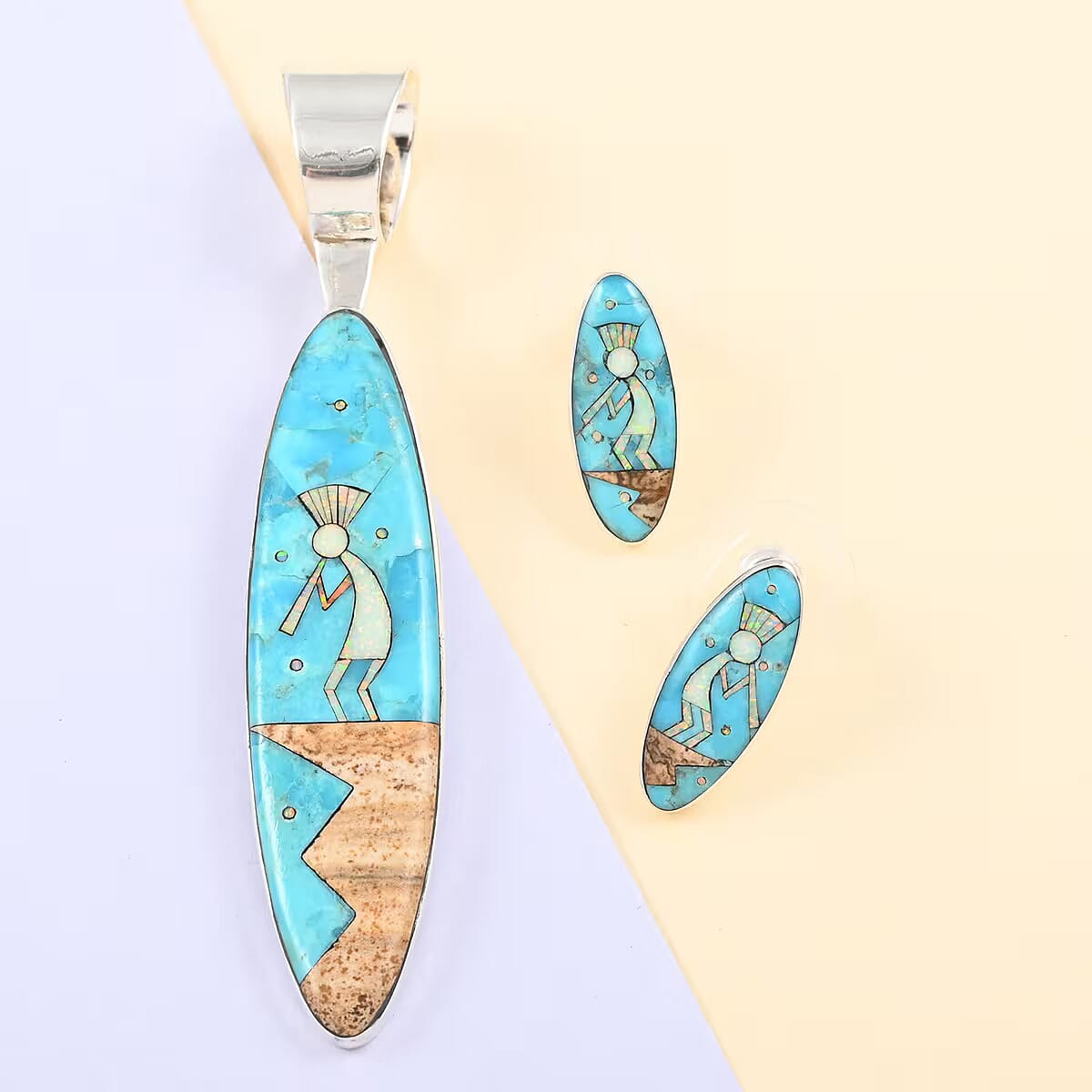 Santa Fe Collection - 2 Piece Set -  Blue Turquoise Pendant and Kokopelli Earring with Plastic Push Back Sterling Silver 12.95 Ct, Silver Wt. 11.50 Gms.