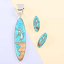 Santa Fe Collection - 2 Piece Set -  Blue Turquoise Pendant and Kokopelli Earring with Plastic Push Back in Sterling Silver 12.95 Ct.