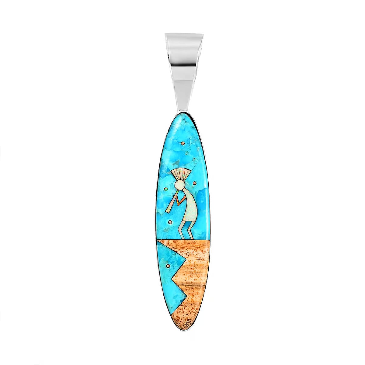 Santa Fe Collection - 2 Piece Set -  Blue Turquoise Pendant and Kokopelli Earring with Plastic Push Back Sterling Silver 12.95 Ct, Silver Wt. 11.50 Gms.