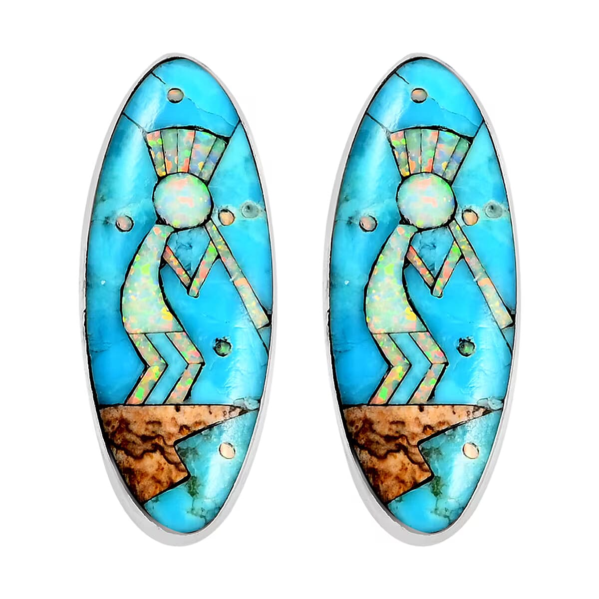 Santa Fe Collection - 2 Piece Set -  Blue Turquoise Pendant and Kokopelli Earring with Plastic Push Back Sterling Silver 12.95 Ct, Silver Wt. 11.50 Gms.