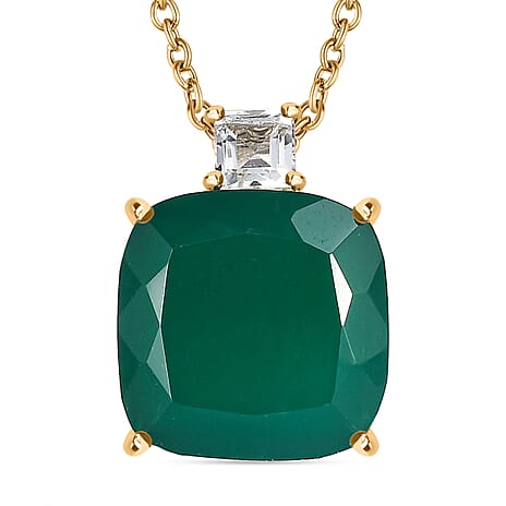 Verde Onyx & White Topaz Pendant with Chain (Size 20) in 14K Yellow Gold Plating Sterling Silver 13.04 Ct.