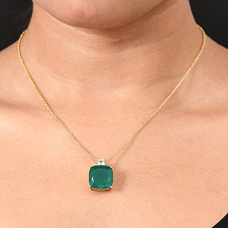 Verde Onyx & White Topaz Pendant with Chain (Size 20) in 14K Yellow Gold Plating Sterling Silver 13.04 Ct.
