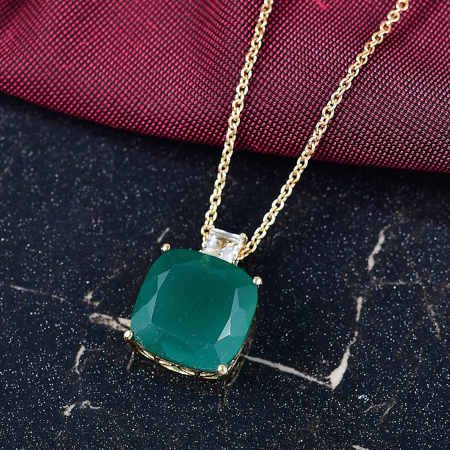 Verde Onyx & White Topaz Pendant with Chain (Size 20) in 14K Yellow Gold Plating Sterling Silver 13.04 Ct.