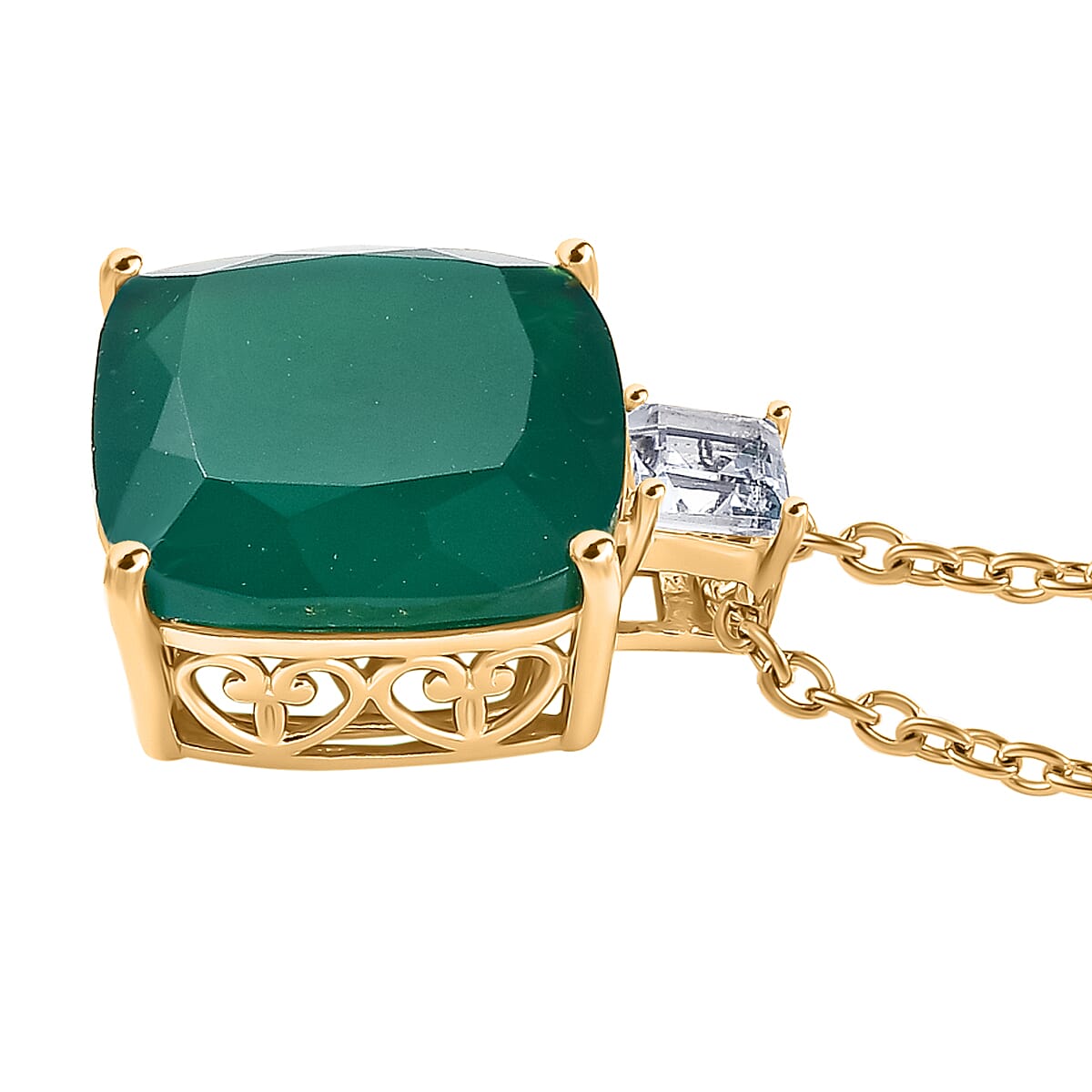 Verde Onyx & White Topaz Pendant with Chain (Size 20) in 14K Yellow Gold Plating Sterling Silver 13.04 Ct.