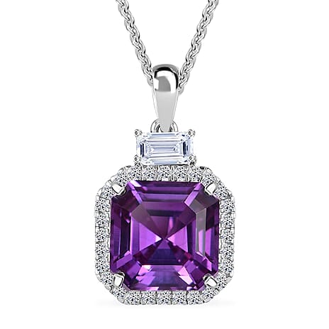 Luxuriant 9K White Gold AGI Certified Lab Grown Color Change Sapphire & Lab Grown Diamond Pendant with Chain (Size 18) with Spring Ring Clasp 6.03 Ct.