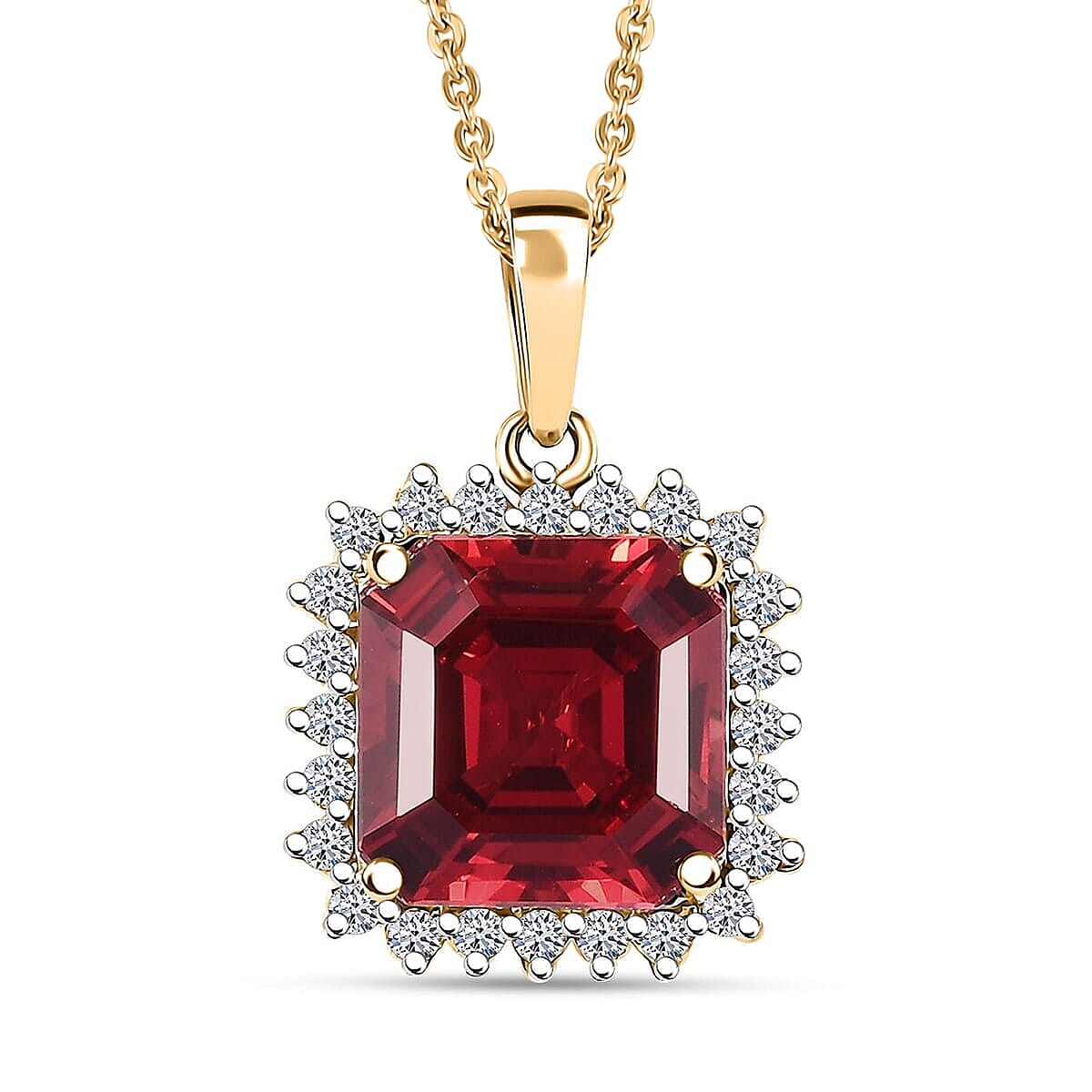 10K Yellow Gold,  Lab Grown Padparadscha Sapphire,  Lab Grown Diamond Pendant with Chain (Size 18) 6.51ct  Gold Wt. 2.71 Gms  5.860  Ct.