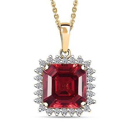 Certified and Appraised LUXURIANT AAA Asscher Cut Lab Grown Padparadscha Sapphire, Lab Grown Diamond Halo Pendant Necklace in 10K Yellow Gold 18 Inches (E-F, VS)