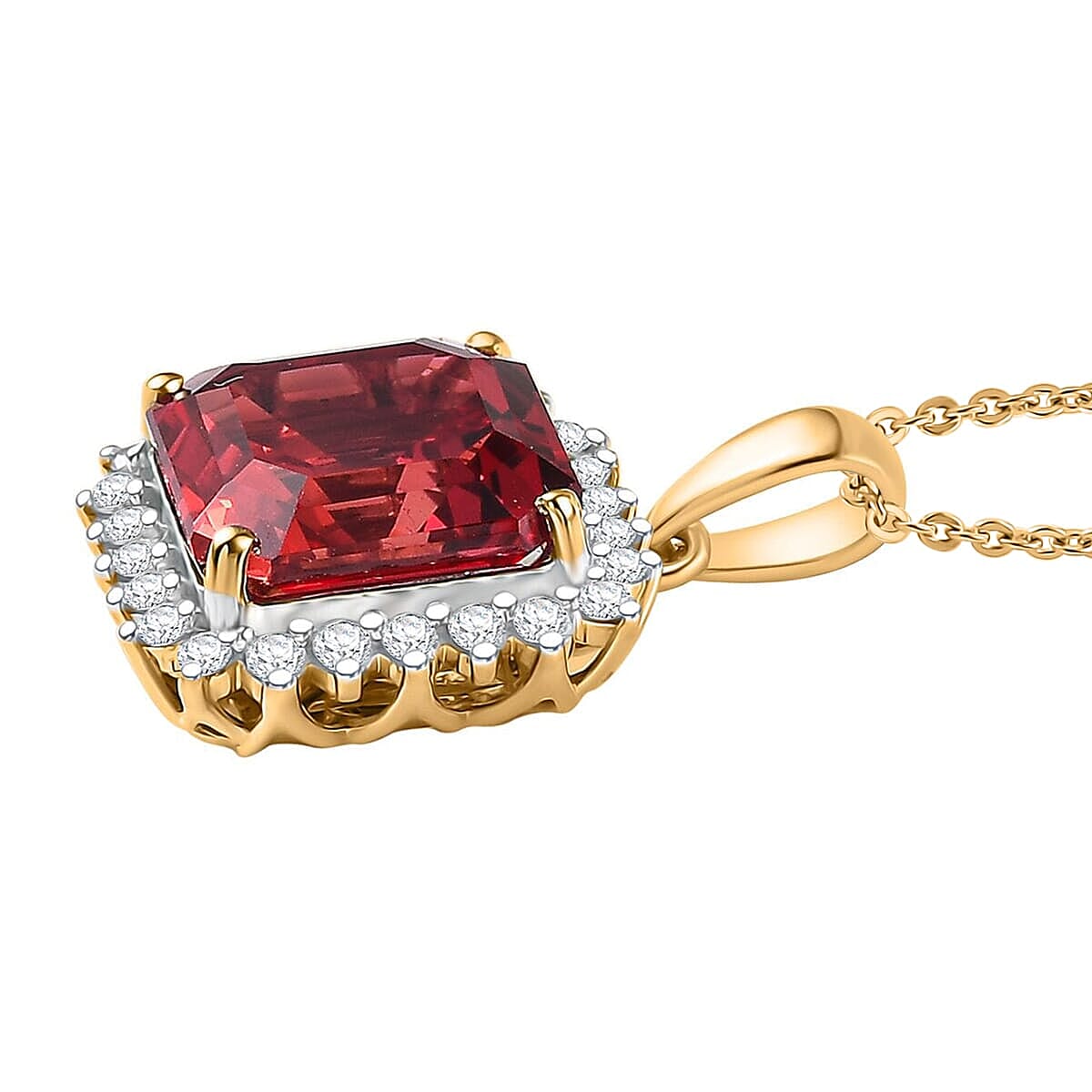 10K Yellow Gold,  Lab Grown Padparadscha Sapphire,  Lab Grown Diamond Pendant with Chain (Size 18) 6.51ct  Gold Wt. 2.71 Gms  5.860  Ct.