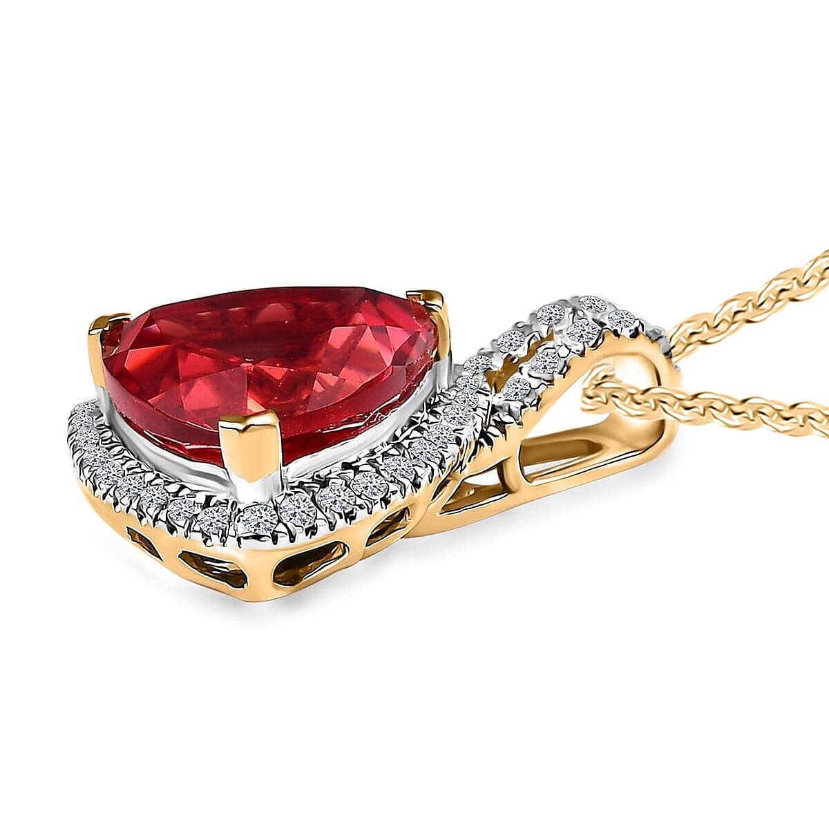 Luxuriant 9K Yellow Gold AGI Certified AAA Lab Grown Padparadscha Sapphire & Lab Grown Diamond (VS-EF) Pendant with Chain (Size 18) 5.09 Ct.