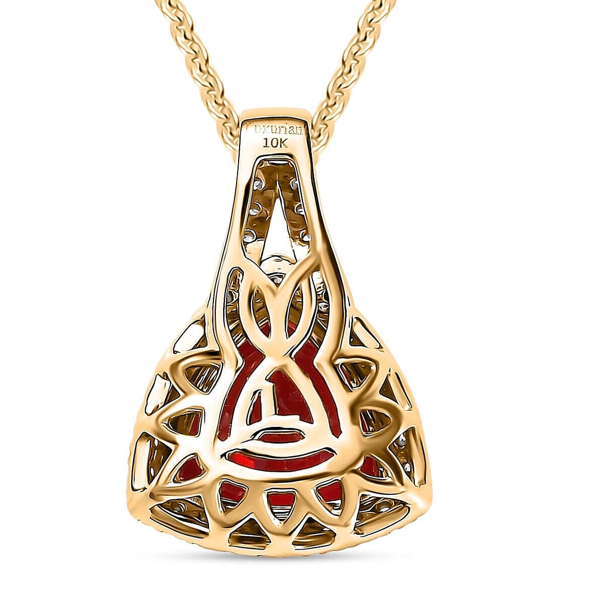 Luxuriant 9K Yellow Gold AGI Certified AAA Lab Grown Padparadscha Sapphire & Lab Grown Diamond (VS-EF) Pendant with Chain (Size 18) 5.09 Ct.