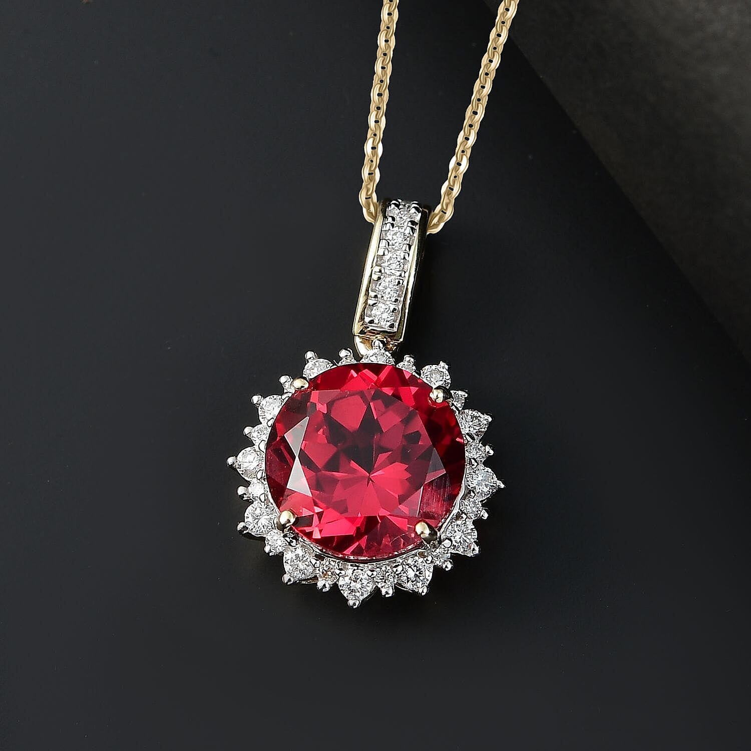 10K Yellow Gold,  Lab Grown Padparadscha Sapphire,  Lab Grown Diamond Pendant with Chain (Size 18) 5.72ct  Gold Wt. 4.73 Gms  4.270  Ct.