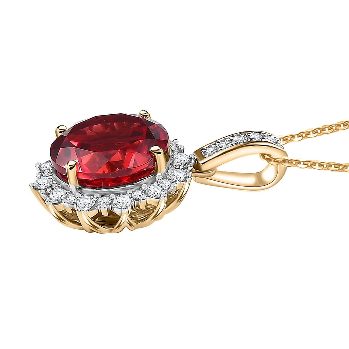 10K Yellow Gold,  Lab Grown Padparadscha Sapphire,  Lab Grown Diamond Pendant with Chain (Size 18) 5.72ct  Gold Wt. 4.73 Gms  4.270  Ct.
