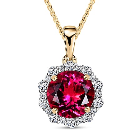 Luxuriant 9K Yellow Gold AGI Certified AAA Lab Grown Bixbite & Lab Grown Diamond (VS-EF) Pendant with Chain (Size 20) 3.51 Ct.
