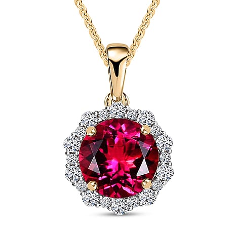 Luxuriant 9K Yellow Gold AGI Certified AAA Lab Grown Bixbite & Lab Grown Diamond (VS-EF) Pendant with Chain (Size 20) 3.51 Ct.