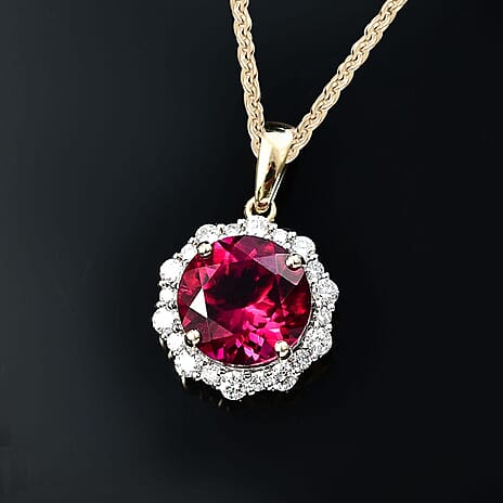 Luxuriant 9K Yellow Gold AGI Certified AAA Lab Grown Bixbite & Lab Grown Diamond (VS-EF) Pendant with Chain (Size 20) 3.51 Ct.