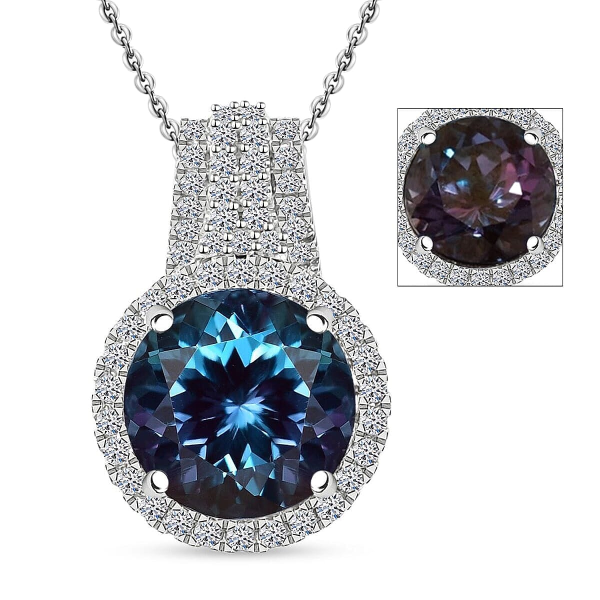 10K White Gold,  Lab Grown Alexandrite,  Lab Grown Diamond Pendant with Chain (Size 18) 5.15ct  Gold Wt. 5.02 Gms  4.190  Ct.