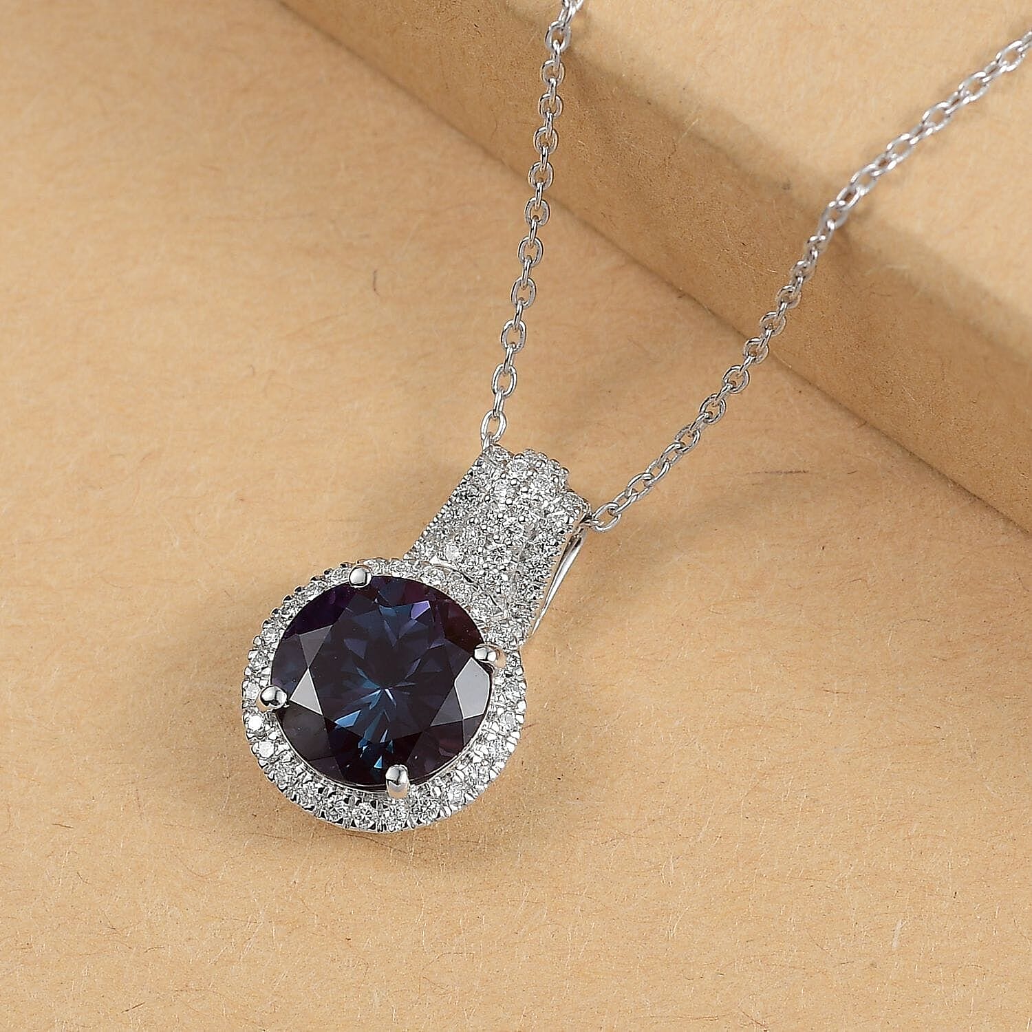 10K White Gold,  Lab Grown Alexandrite,  Lab Grown Diamond Pendant with Chain (Size 18) 5.15ct  Gold Wt. 5.02 Gms  4.190  Ct.