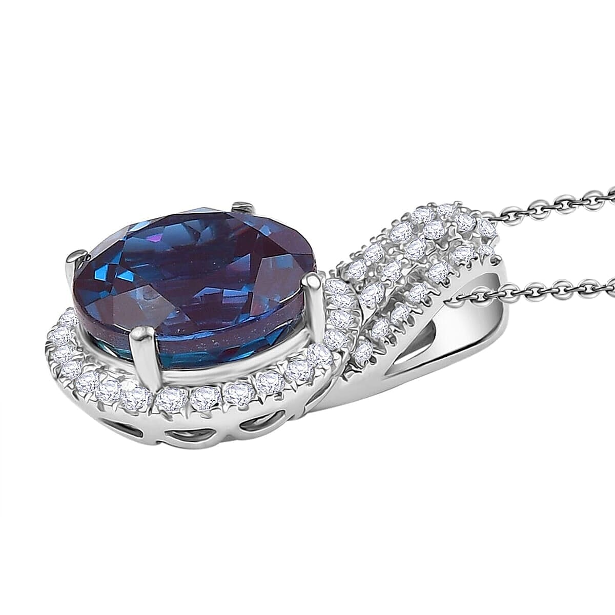 10K White Gold,  Lab Grown Alexandrite,  Lab Grown Diamond Pendant with Chain (Size 18) 5.15ct  Gold Wt. 5.02 Gms  4.190  Ct.