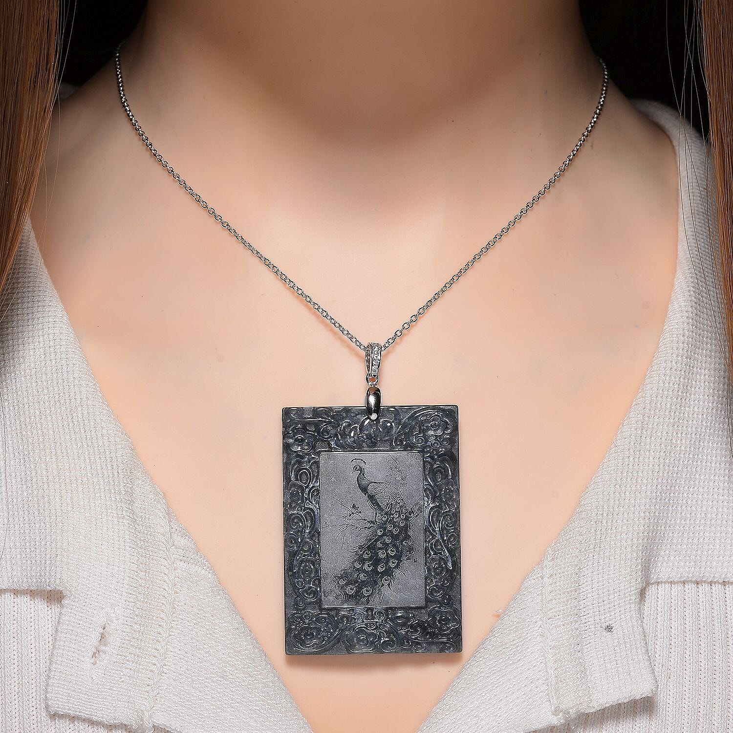 Natural Type A Jadeite Pendant with Chain (Size 20) in Rhodium Overlay Sterling Silver 190.00 Ct.