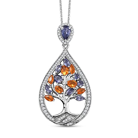 GP Tree of Life Collection - Iolite, White Zircon, Fire Opal & Blue Sapphire Pendant with Chain (Size 20) in Rhodium Overlay Sterling Silver 2.20 Ct, Silver Wt. 5.84 Gms.