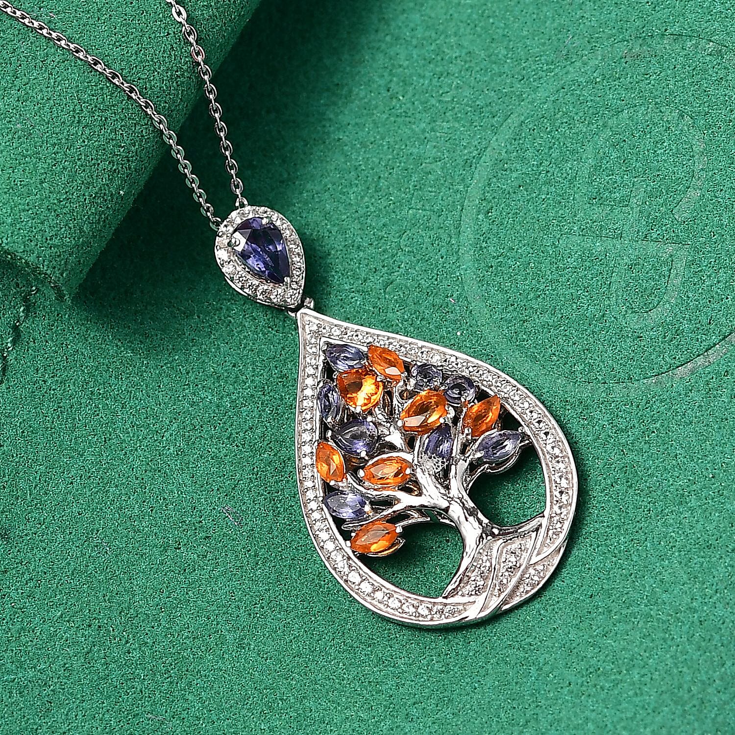 GP Tree of Life Collection - Iolite, White Zircon, Fire Opal & Blue Sapphire Pendant with Chain (Size 20) in Rhodium Overlay Sterling Silver 2.20 Ct, Silver Wt. 5.84 Gms.