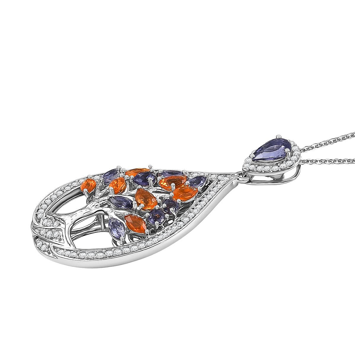 GP Tree of Life Collection - Iolite, White Zircon, Fire Opal & Blue Sapphire Pendant with Chain (Size 20) in Rhodium Overlay Sterling Silver 2.20 Ct, Silver Wt. 5.84 Gms.