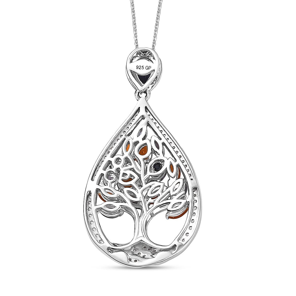 GP Tree of Life Collection - Iolite, White Zircon, Fire Opal & Blue Sapphire Pendant with Chain (Size 20) in Rhodium Overlay Sterling Silver 2.20 Ct, Silver Wt. 5.84 Gms.