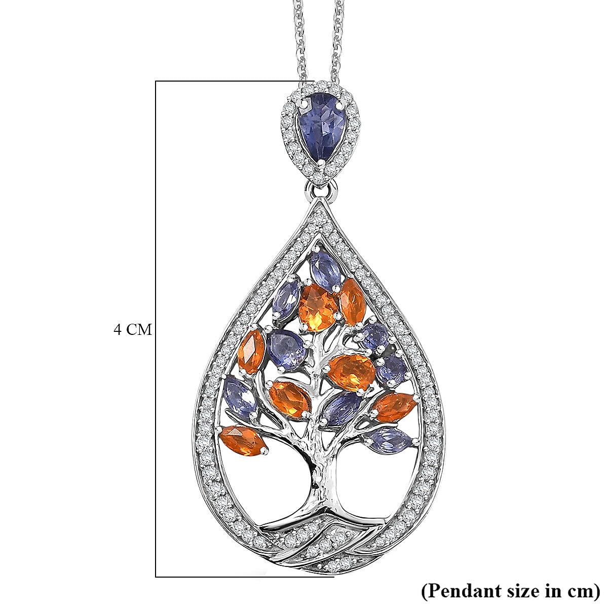GP Tree of Life Collection - Iolite, White Zircon, Fire Opal & Blue Sapphire Pendant with Chain (Size 20) in Rhodium Overlay Sterling Silver 2.20 Ct, Silver Wt. 5.84 Gms.