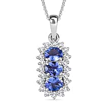 Tanzanite, White Zircon Trilogy Pendant with Chain (Size 20) in Platinum Overlay Sterling Silver 1.75 Ct.