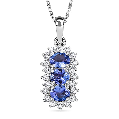 Tanzanite, White Zircon Trilogy Pendant with Chain (Size 20) in Platinum Overlay Sterling Silver 1.75 Ct.