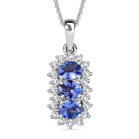 Tanzanite & White Zircon Pendant with Chain (Size 20) in Platinum Overlay Sterling Silver 1.74 Ct.