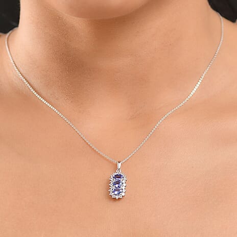 Tanzanite & White Zircon Pendant with Chain (Size 20) in Platinum Overlay Sterling Silver 1.74 Ct.
