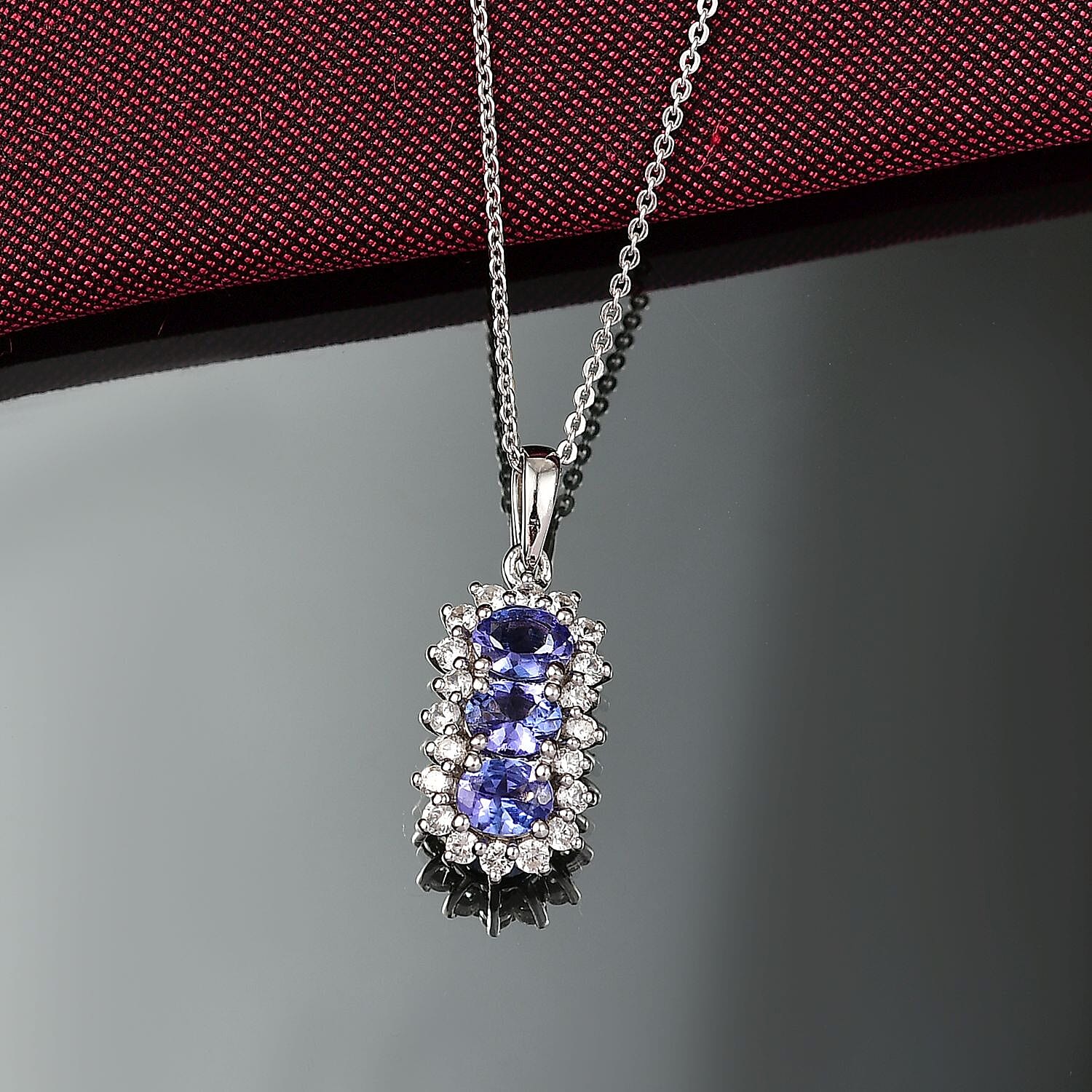 Tanzanite & White Zircon Pendant with Chain (Size 20) in Platinum Overlay Sterling Silver 1.74 Ct.