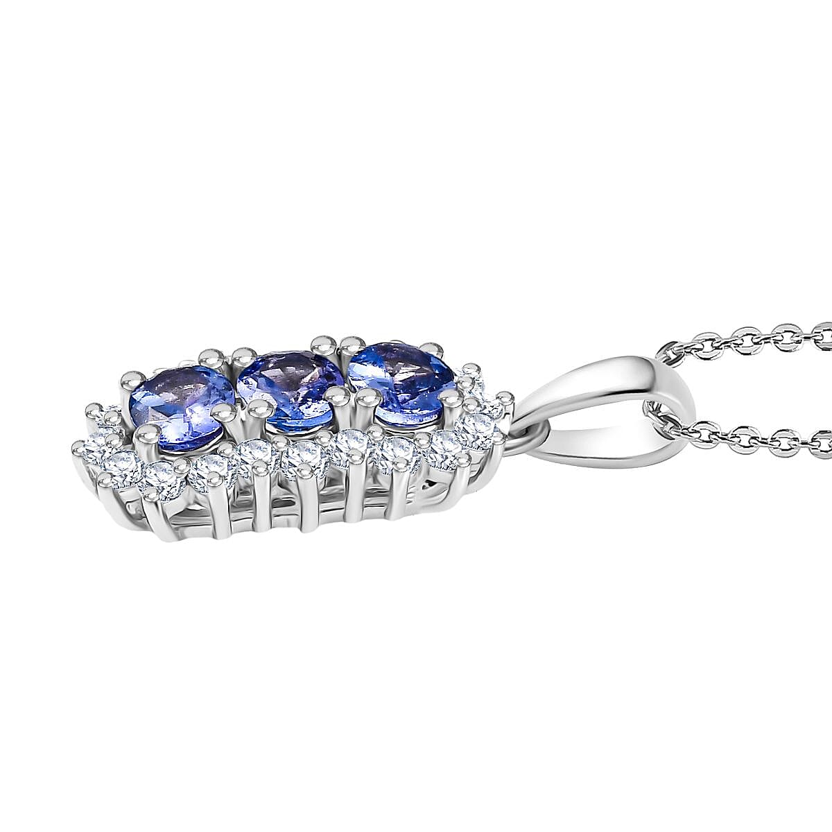 Tanzanite & White Zircon Pendant with Chain (Size 20) in Platinum Overlay Sterling Silver 1.74 Ct.