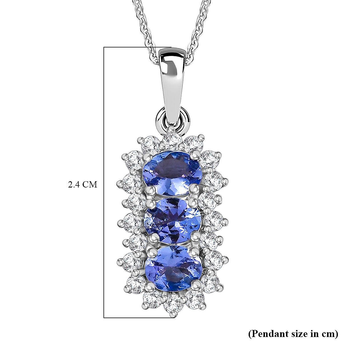 Tanzanite & White Zircon Pendant with Chain (Size 20) in Platinum Overlay Sterling Silver 1.74 Ct.
