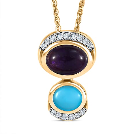 D'joy Sleeping Beauty Turquoise, African Amethyst & White Zircon Pendant with Chain (Size 20) in Yellow Gold Plating Sterling Silver 1.32 Ct.