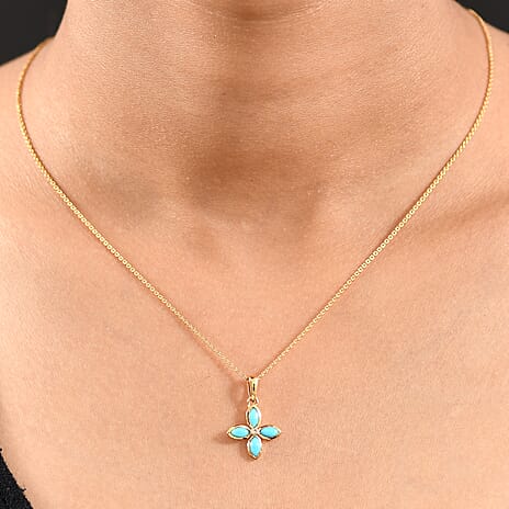 D'joy Sleeping Beauty Turquoise & White Zircon Pendant with Chain (Size 20) in Yellow Gold Plated Sterling Silver