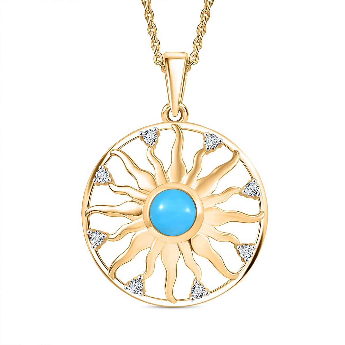 D'joy Sleeping Beauty Turquoise & White Zircon Pendant with Chain (Size 20) in Yellow Gold Plating Sterling Silver