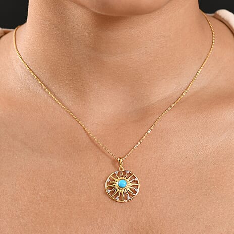 D'joy Sleeping Beauty Turquoise & White Zircon Pendant with Chain (Size 20) in Yellow Gold Plating Sterling Silver