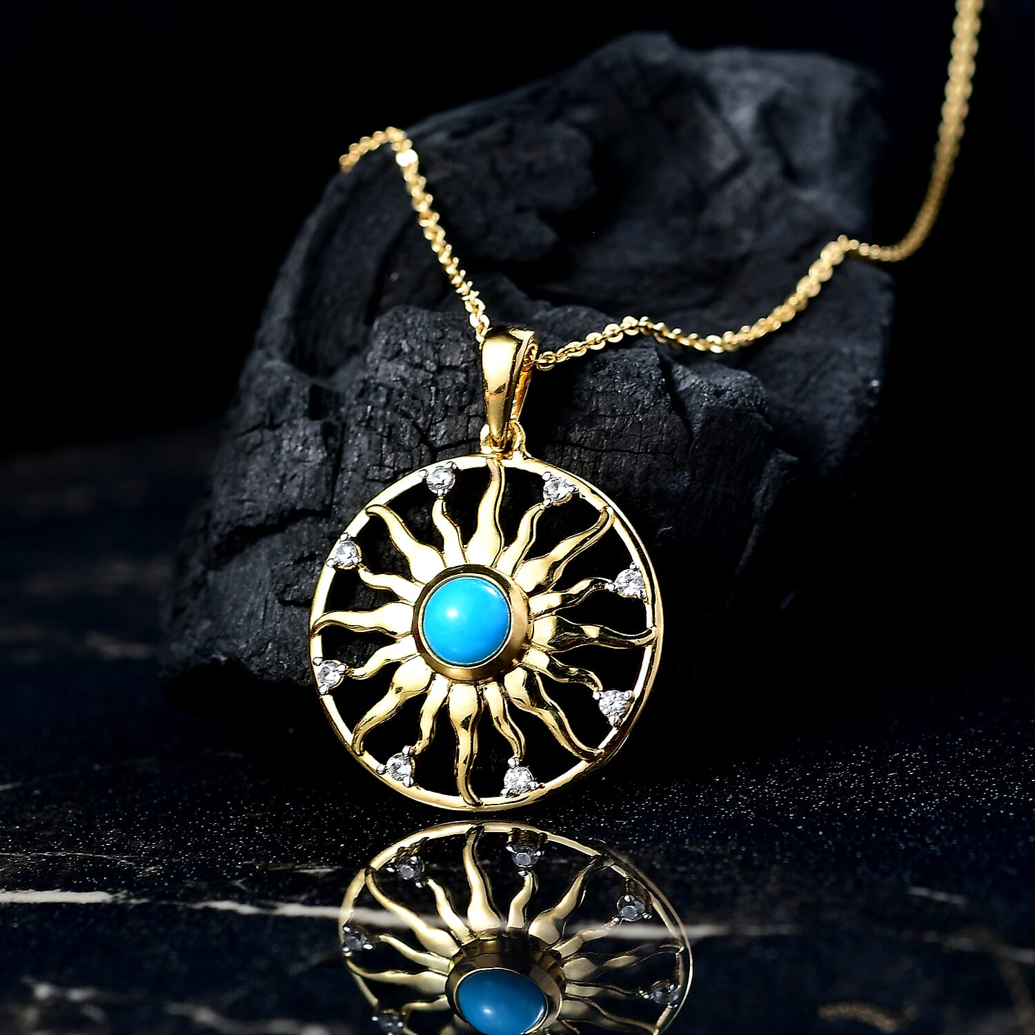 D'joy Sleeping Beauty Turquoise & White Zircon Pendant with Chain (Size 20) in Yellow Gold Plating Sterling Silver