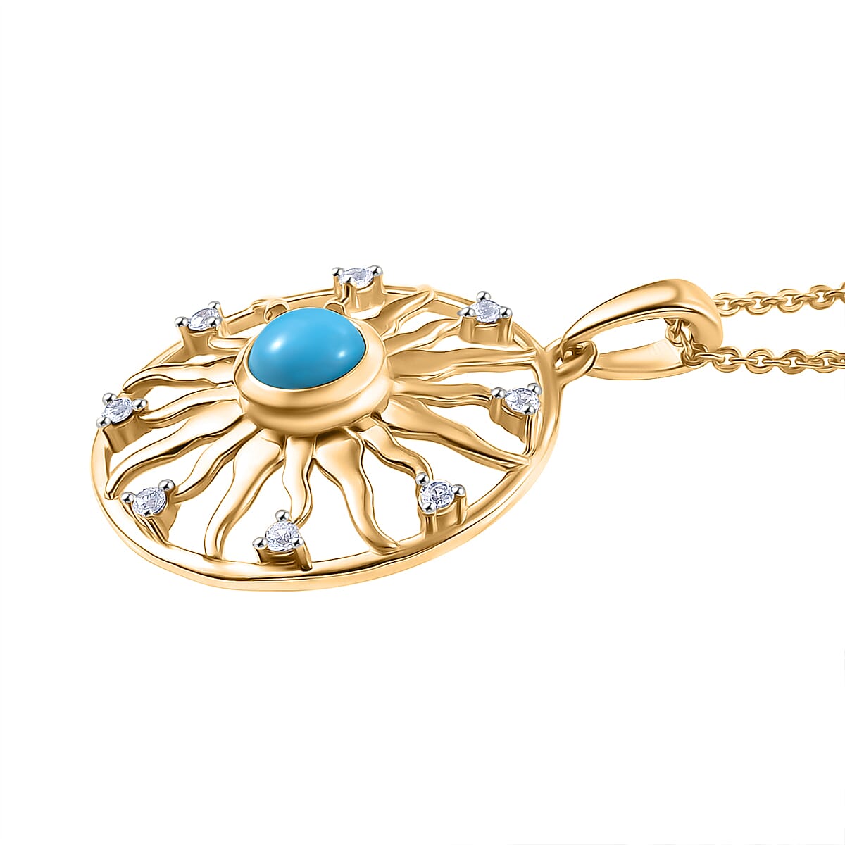 D'joy Sleeping Beauty Turquoise & White Zircon Pendant with Chain (Size 20) in Yellow Gold Plating Sterling Silver