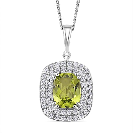 Peridot & White Zircon Pendant with Chain (Size 18) with Lobster Clasp in Rhodium Overlay Sterling Silver 4.00 Ct.