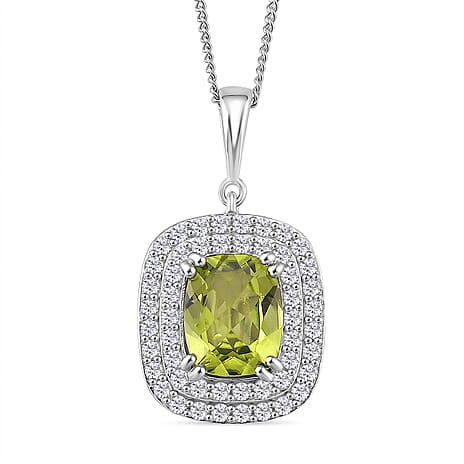 Peridot,  White Zircon Pendant with Chain (Size 18) in Rhodium Overlay Sterling Silver 1.00 ct  4.000  Ct.