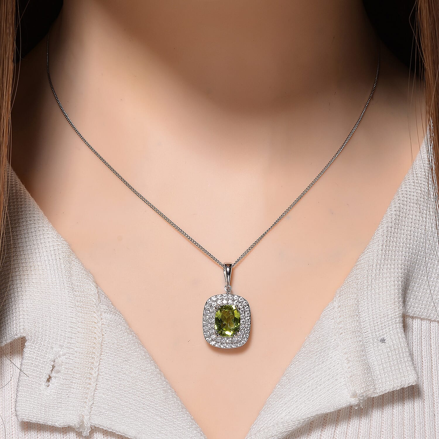 Peridot & White Zircon Pendant with Chain (Size 18) with Lobster Clasp in Rhodium Overlay Sterling Silver 4.00 Ct.