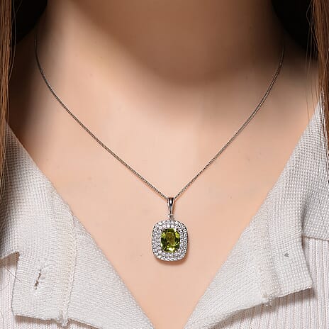 Peridot,  White Zircon Pendant with Chain (Size 18) in Rhodium Overlay Sterling Silver 1.00 ct  4.000  Ct.