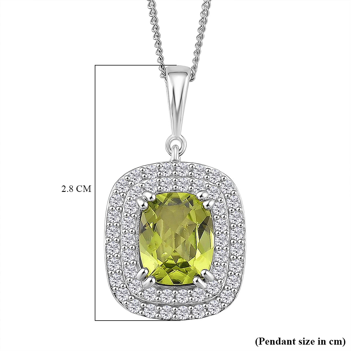 Peridot & White Zircon Pendant with Chain (Size 18) with Lobster Clasp in Rhodium Overlay Sterling Silver 4.00 Ct.