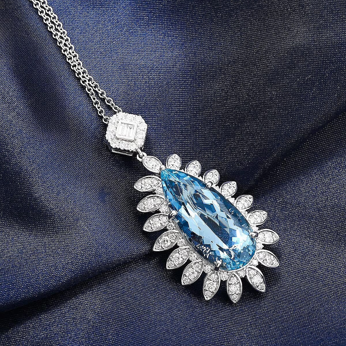 RHAPSODY 950 Platinum AGI Certified Santamaria Aquamarine & White Diamond Halo Pendant with Chain (Size - 18) 13.90 Ct.