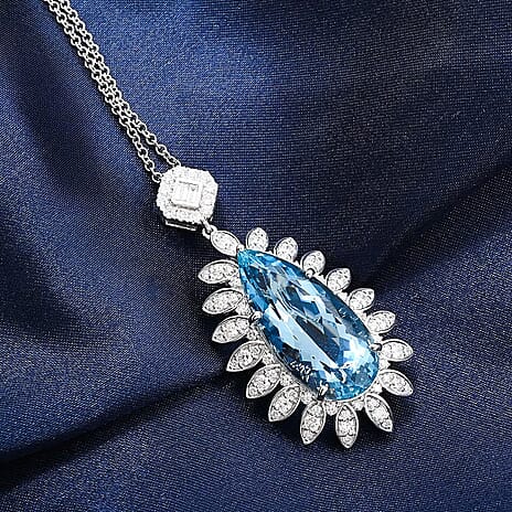 RHAPSODY 950 Platinum AGI Certified Santamaria Aquamarine & White Diamond Halo Pendant with Chain (Size - 18) 17.85 Ct.