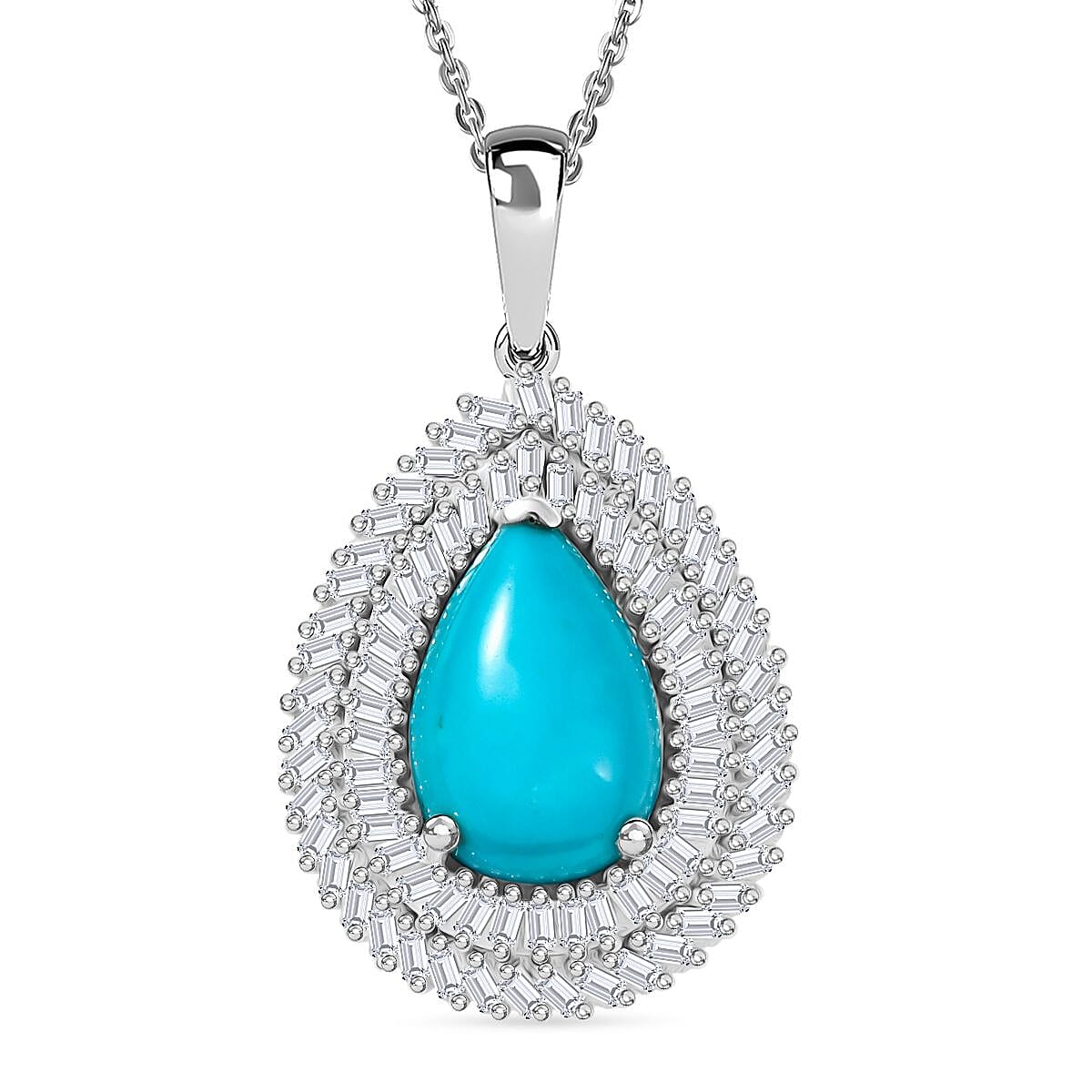 D'Joy Sleeping Beauty Turquoise & White Diamond Pendant with Chain (Size 20) in Rhodium Overlay Sterling Silver 3.09 Ct.