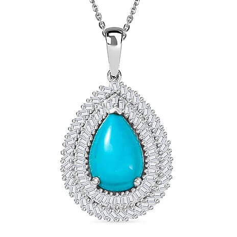 D'Joy Sleeping Beauty Turquoise & White Diamond Pendant with Chain (Size 20) in Rhodium Overlay Sterling Silver 3.09 Ct.